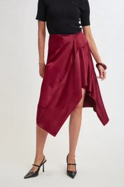 Elie Tahari Asymmetric Hem Satin Midi Skirt- Bottoms