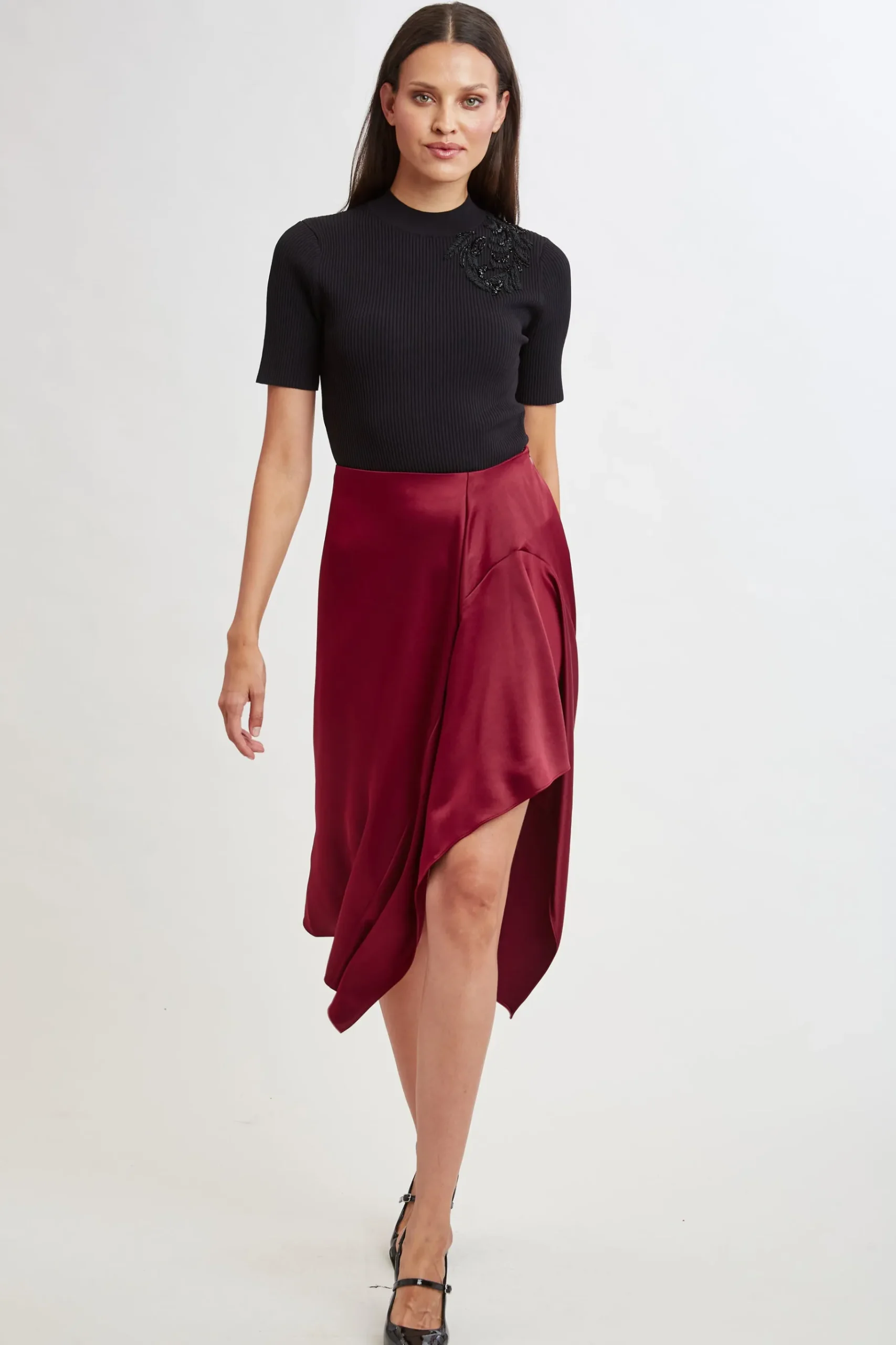 Elie Tahari Asymmetric Hem Satin Midi Skirt- Bottoms