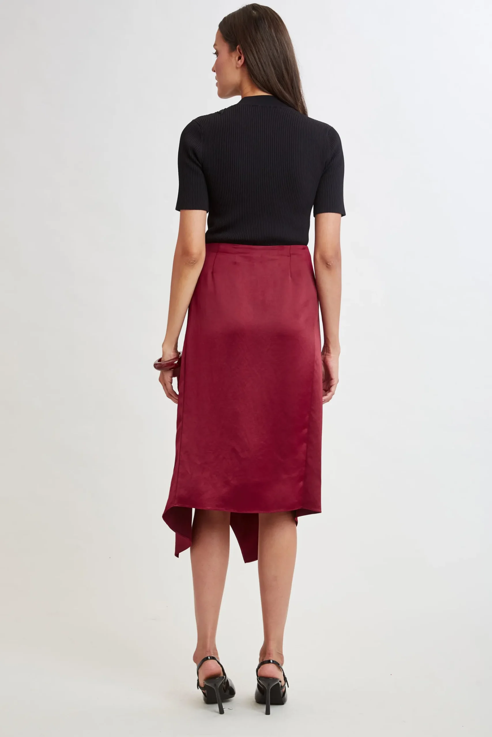 Elie Tahari Asymmetric Hem Satin Midi Skirt- Bottoms