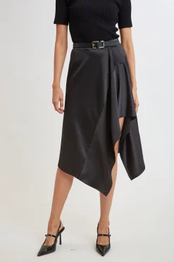 Elie Tahari Asymmetric Hem Satin Midi Skirt- Bottoms