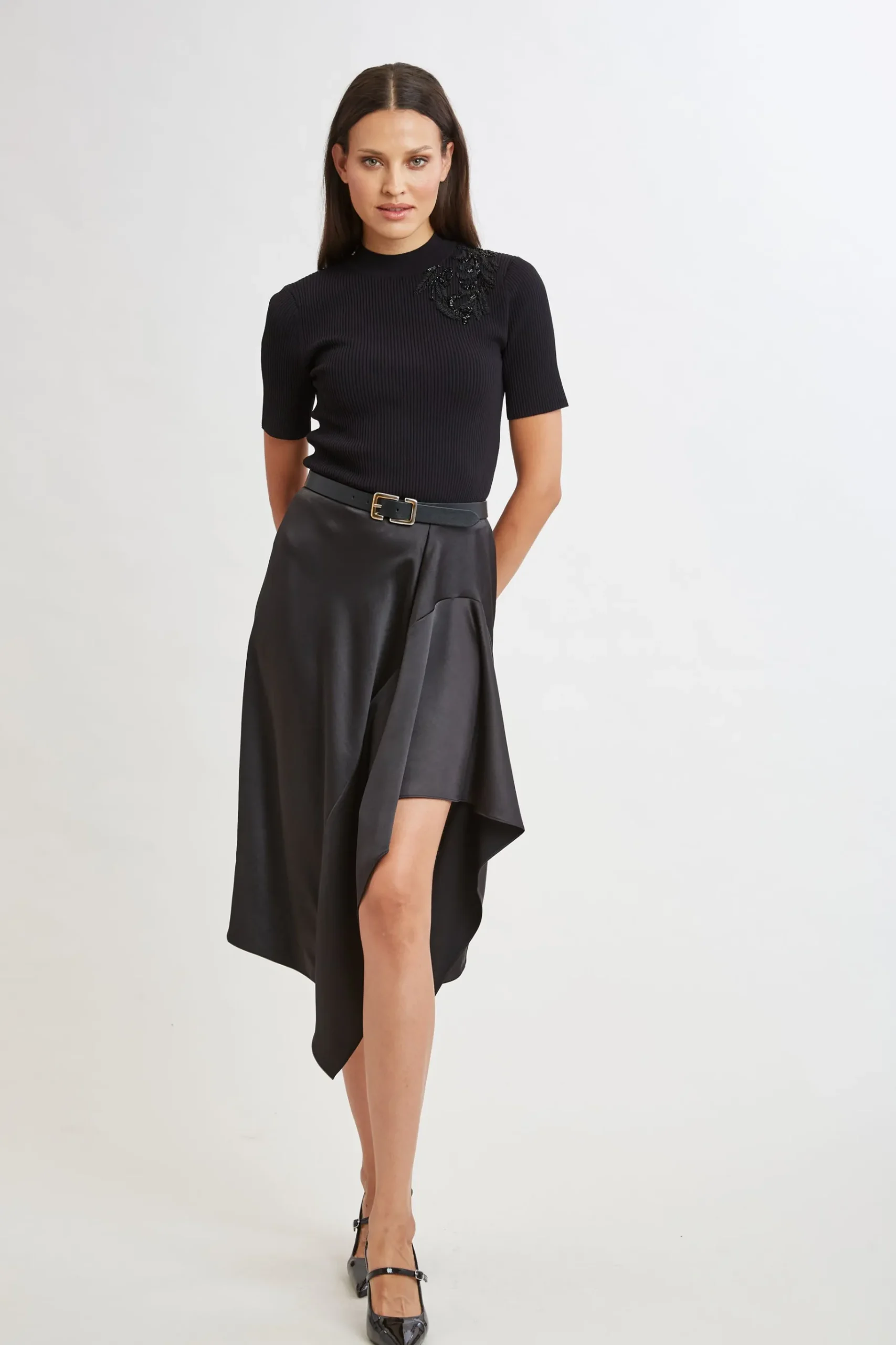 Elie Tahari Asymmetric Hem Satin Midi Skirt- Bottoms