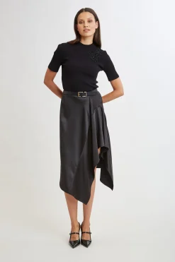 Elie Tahari Asymmetric Hem Satin Midi Skirt- Bottoms