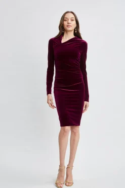 Elie Tahari Asymmetric Ruched Velvet Dress- Dresses & Jumpsuits|Suiting
