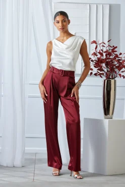Elie Tahari Belted Satin Pleated Pant- Bottoms