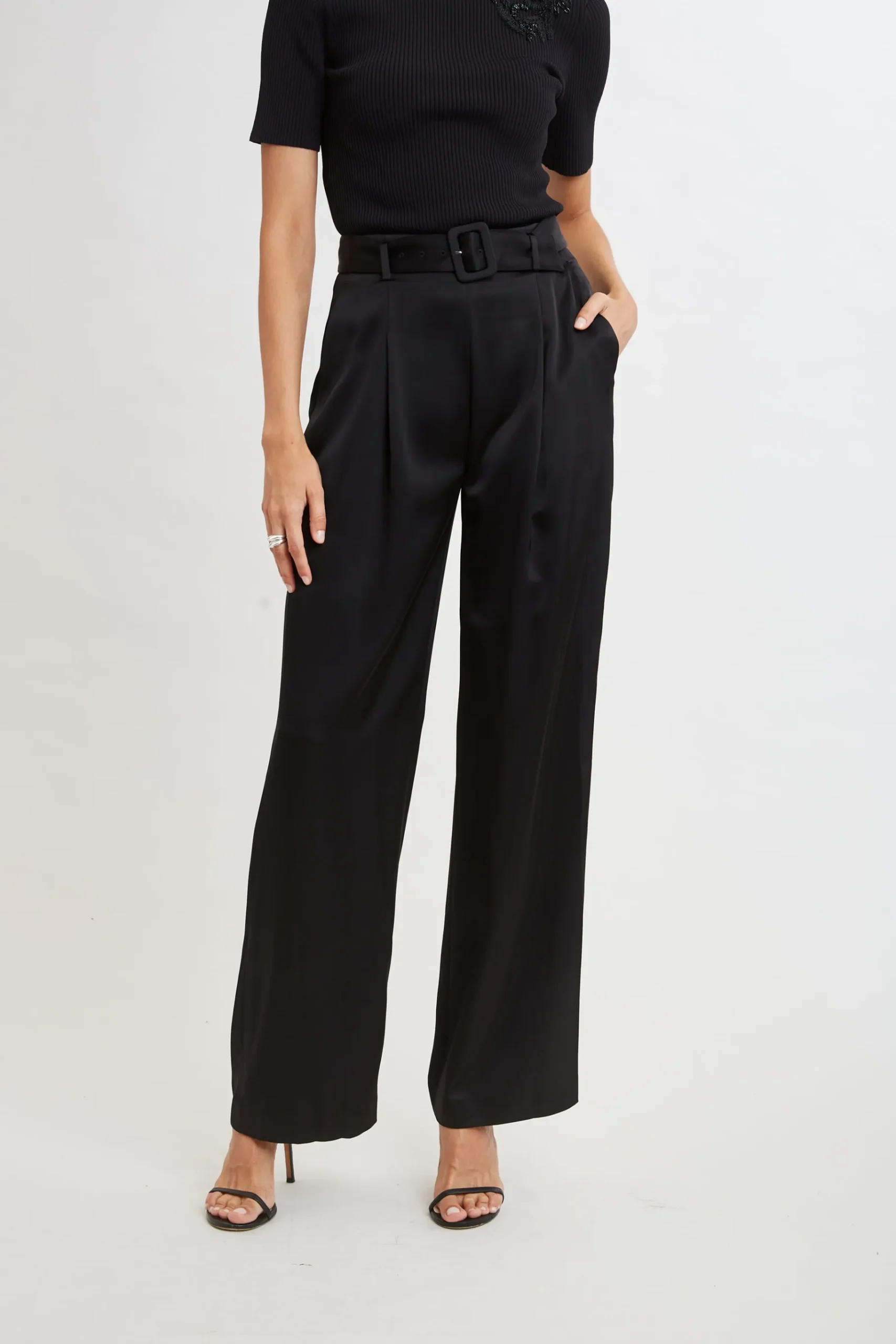 Elie Tahari Belted Satin Pleated Pant- Bottoms