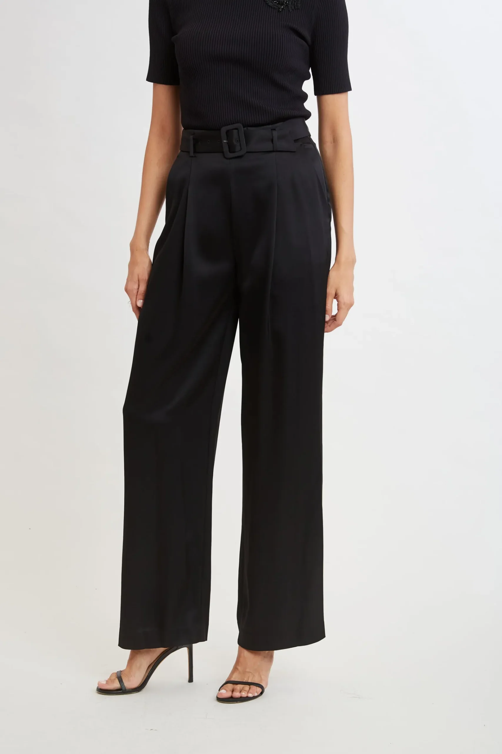 Elie Tahari Belted Satin Pleated Pant- Bottoms