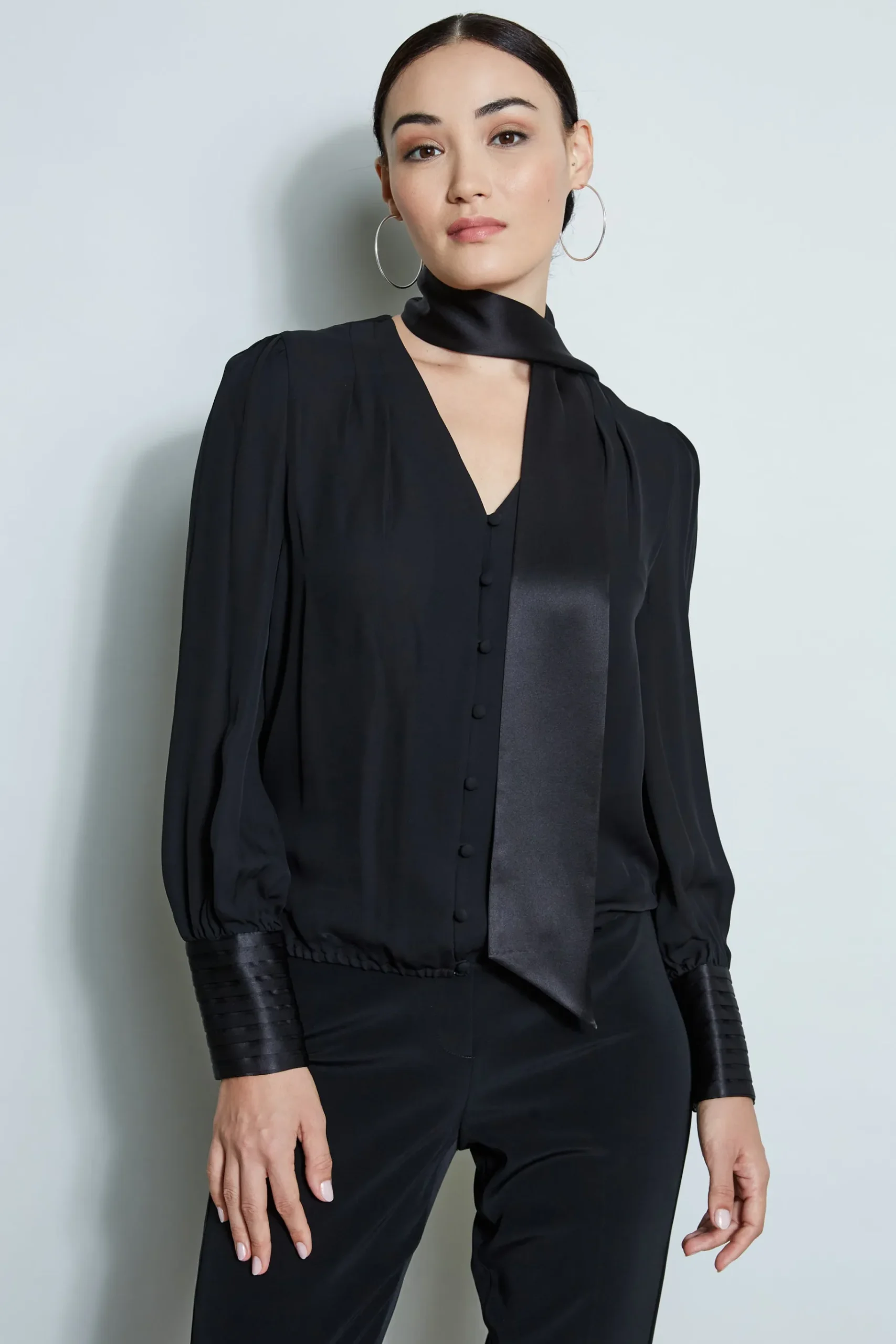 Elie Tahari Blouson Satin Tie Shirt- Tops & Sweaters