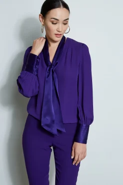 Elie Tahari Blouson Satin Tie Shirt- Tops & Sweaters
