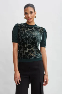 Elie Tahari Burnout Velvet Short Sleeve Sweater- Tops & Sweaters