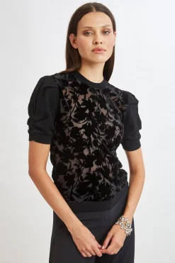 Elie Tahari Burnout Velvet Short Sleeve Sweater- Tops & Sweaters