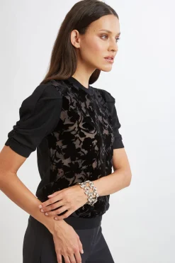 Elie Tahari Burnout Velvet Short Sleeve Sweater- Tops & Sweaters