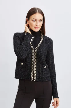 Elie Tahari Chain Trim Metallic Cardigan- Tops & Sweaters|Suiting