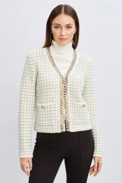 Elie Tahari Chain Trim Metallic Cardigan- Tops & Sweaters|Suiting