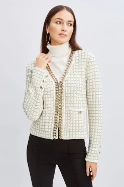 Elie Tahari Chain Trim Metallic Cardigan- Tops & Sweaters|Suiting