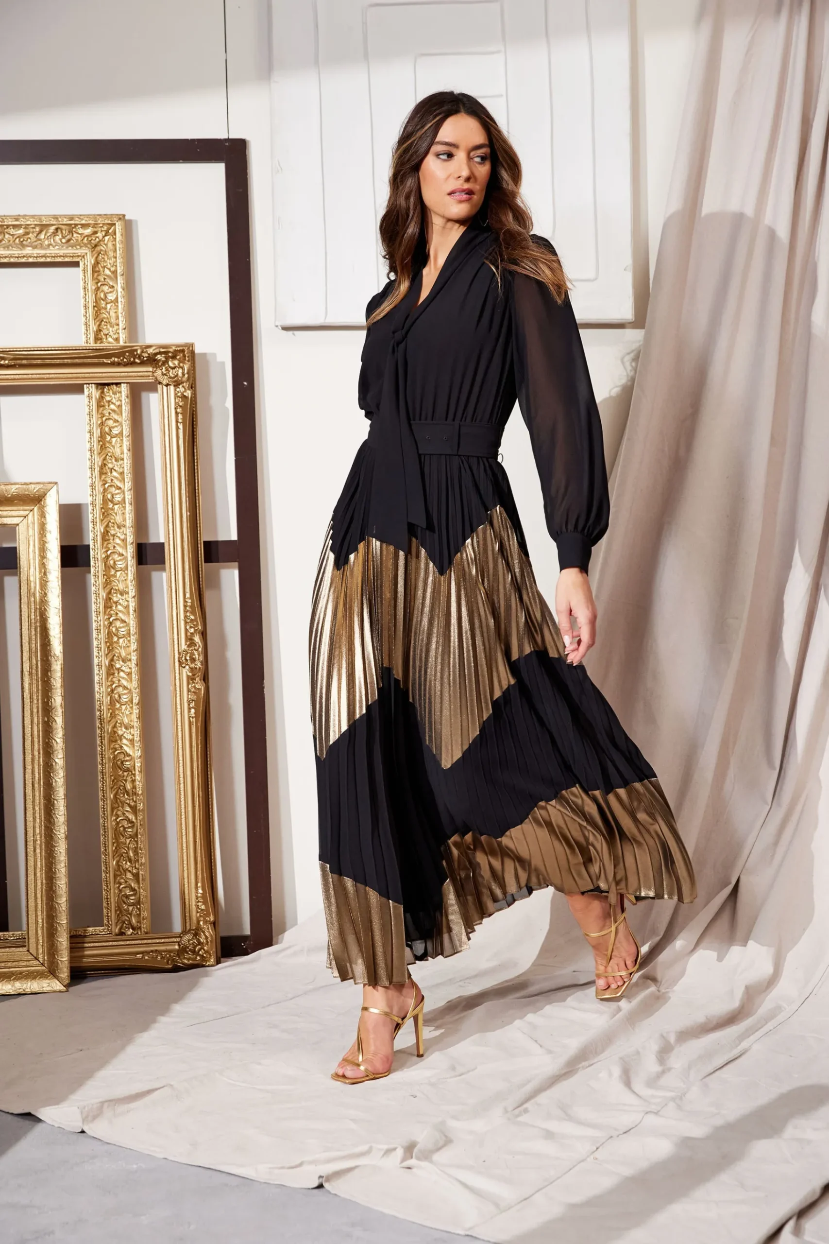Elie Tahari Chiffon Gilded Pleated Maxi Dress- Dresses & Jumpsuits|Maxi Dresses