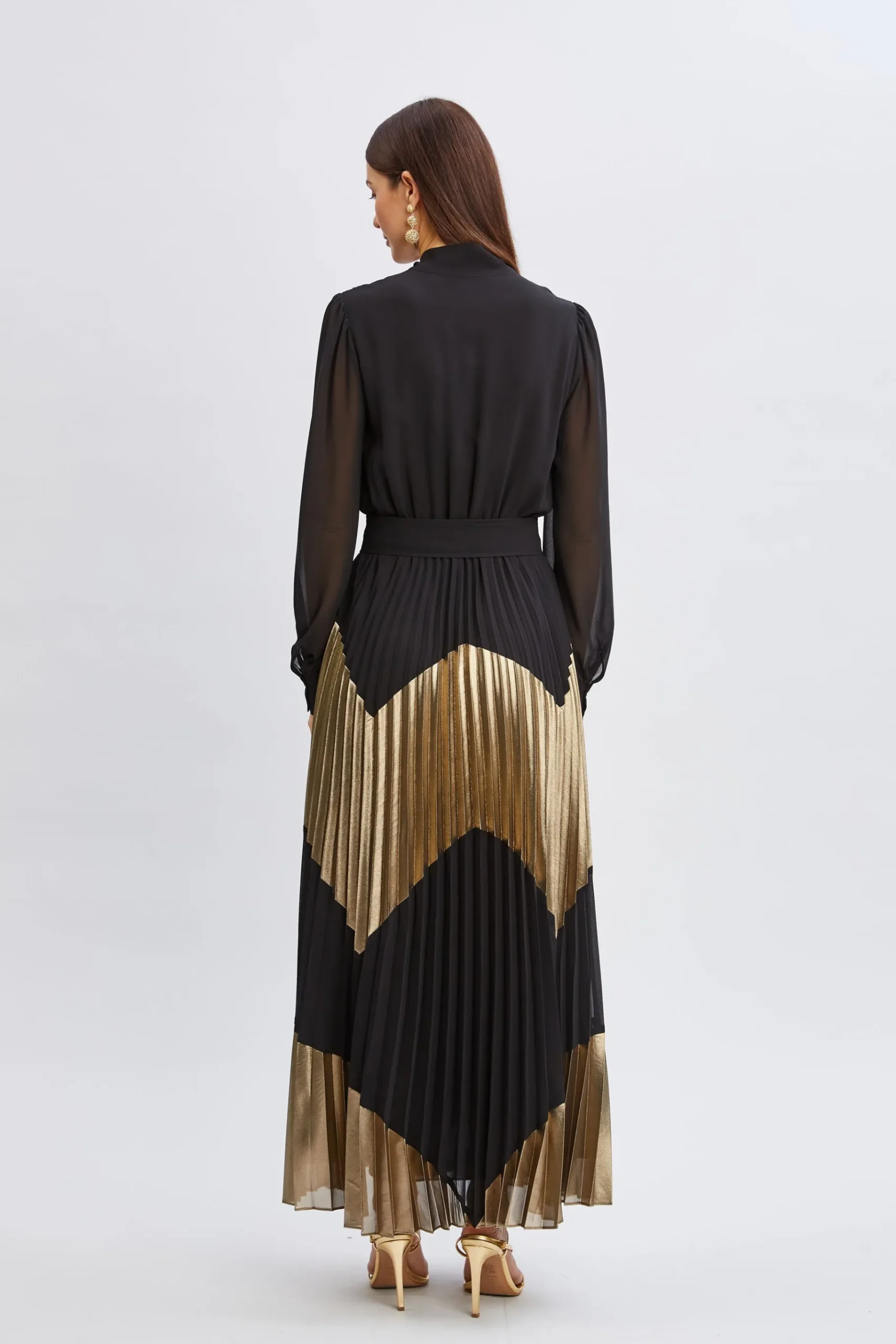 Elie Tahari Chiffon Gilded Pleated Maxi Dress- Dresses & Jumpsuits|Maxi Dresses