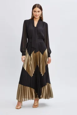 Elie Tahari Chiffon Gilded Pleated Maxi Dress- Dresses & Jumpsuits|Maxi Dresses