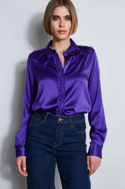 Elie Tahari Chiffon Ruffle Silk Satin Shirt- Tops & Sweaters