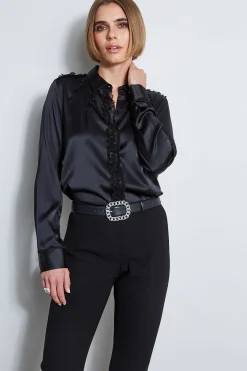 Elie Tahari Chiffon Ruffle Silk Satin Shirt- Tops & Sweaters|Suiting
