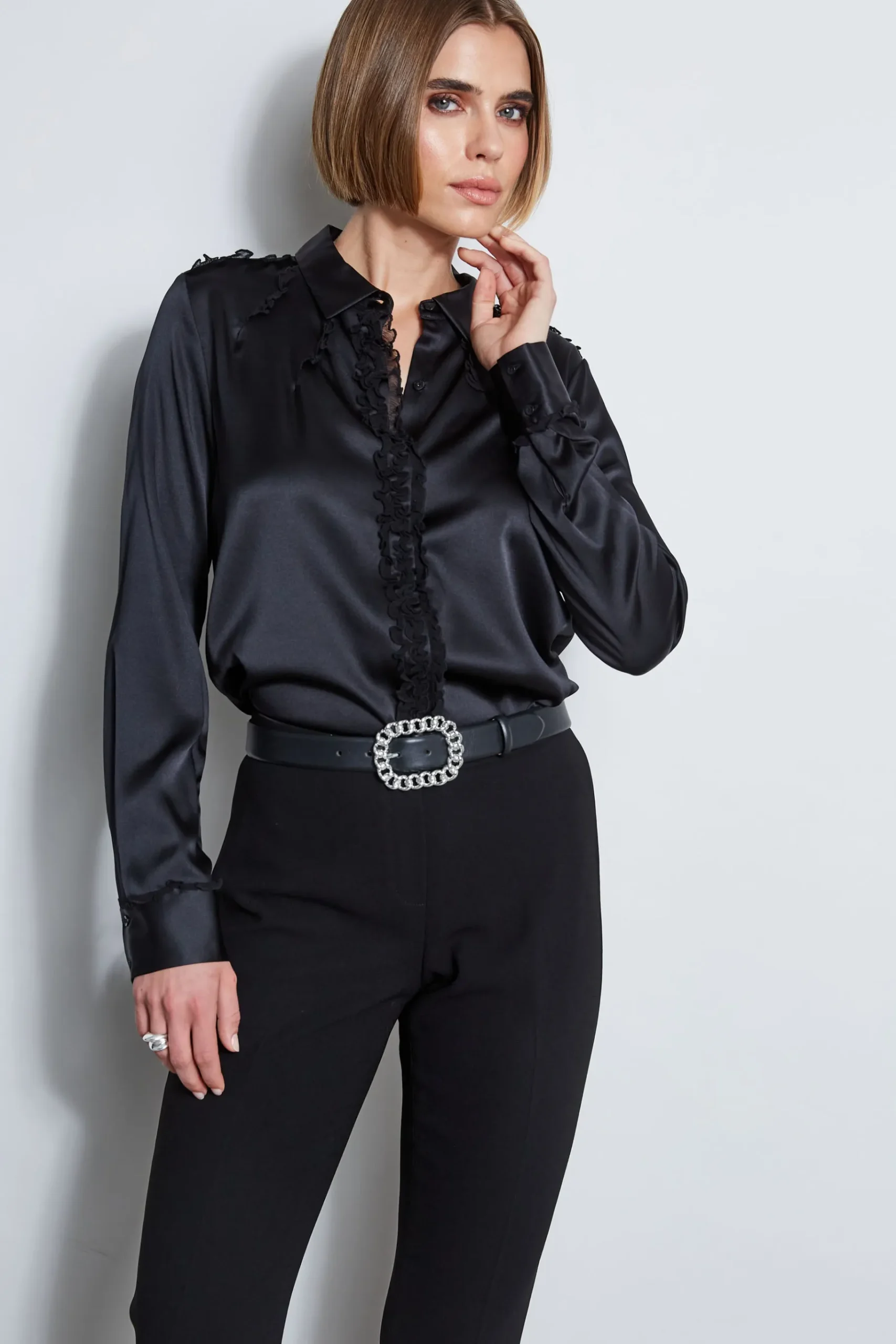 Elie Tahari Chiffon Ruffle Silk Satin Shirt- Tops & Sweaters|Suiting