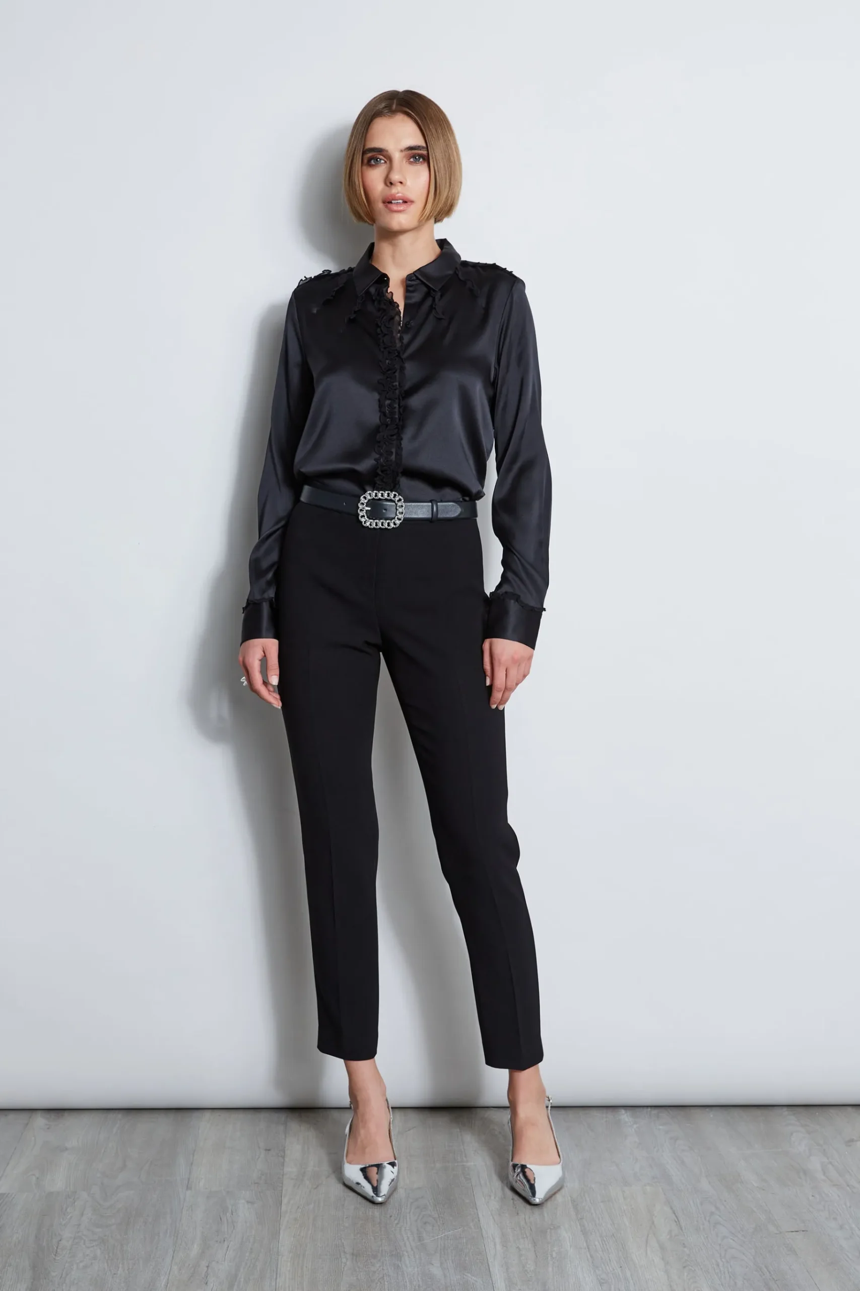 Elie Tahari Chiffon Ruffle Silk Satin Shirt- Tops & Sweaters|Suiting