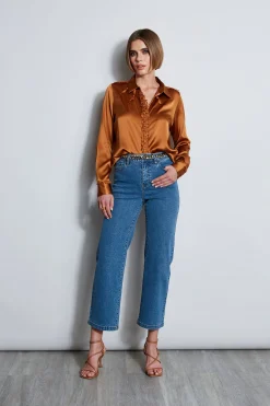 Elie Tahari Chiffon Ruffle Silk Satin Shirt- Tops & Sweaters