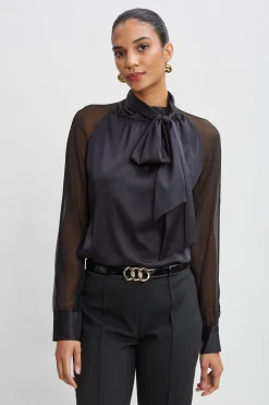 Elie Tahari Chiffon Sleeve Silk Satin Tie Shirt- Tops & Sweaters
