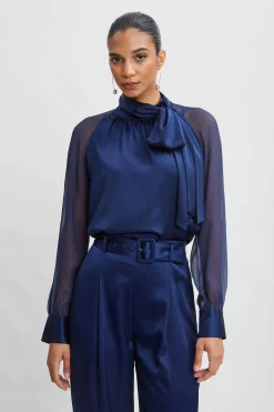 Elie Tahari Chiffon Sleeve Silk Satin Tie Shirt- Tops & Sweaters