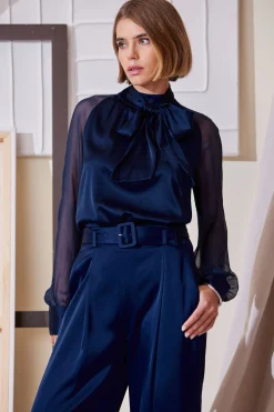 Elie Tahari Chiffon Sleeve Silk Satin Tie Shirt- Tops & Sweaters