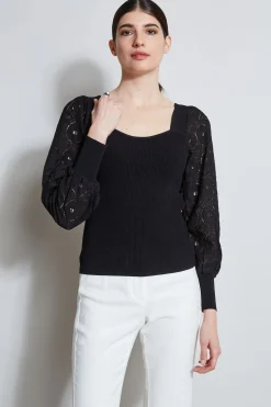Elie Tahari Contour Neck Lace Sleeve Sweater- Tops & Sweaters