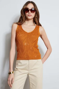 Elie Tahari Cotton Crochet V-Neck Sweater- Tops & Sweaters