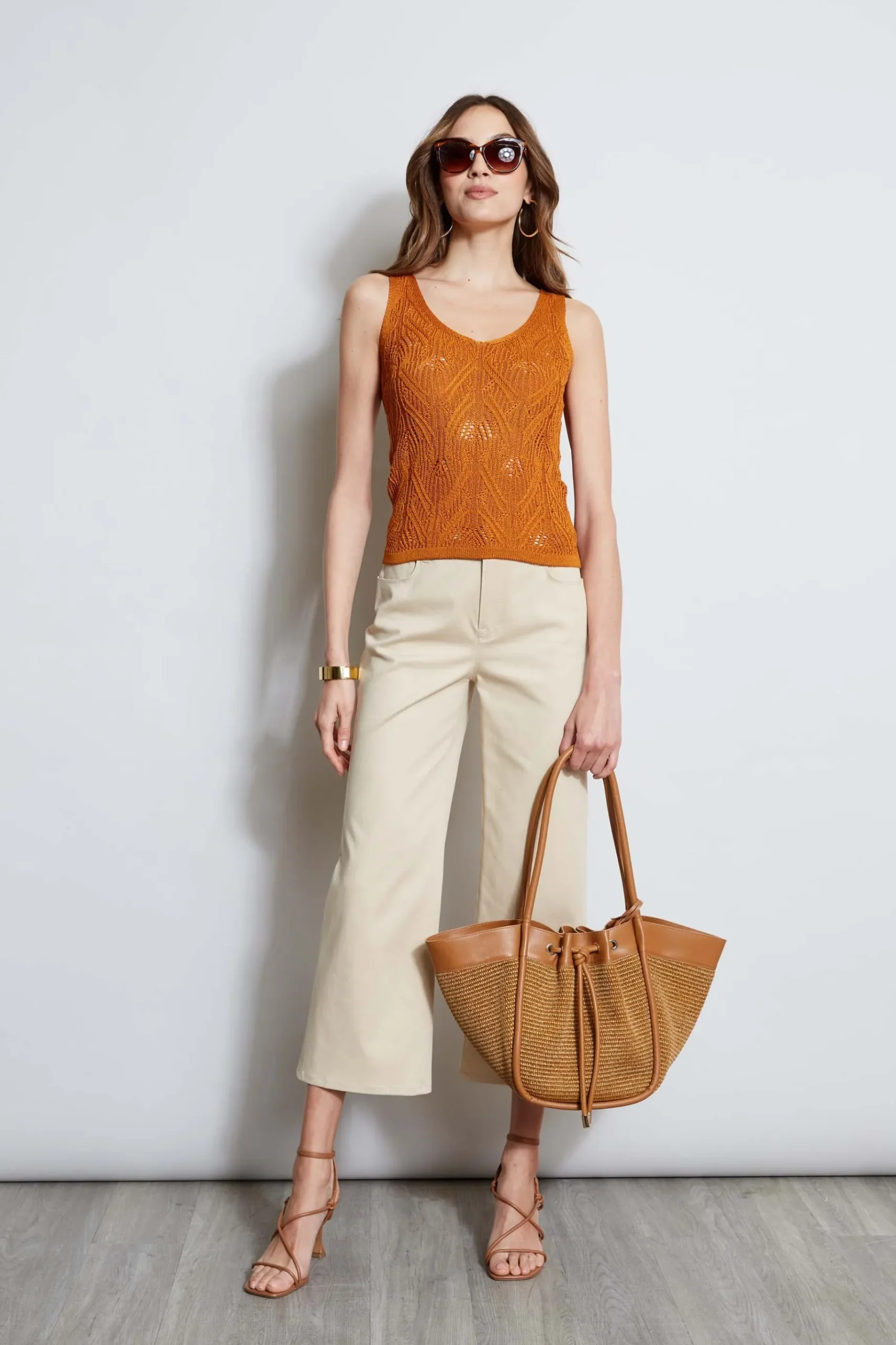 Elie Tahari Cotton Crochet V-Neck Sweater- Tops & Sweaters