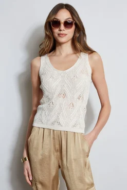Elie Tahari Cotton Crochet V-Neck Sweater- Tops & Sweaters
