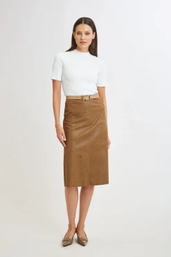Elie Tahari Croco Embossed Vegan Leather Midi Skirt- Bottoms|Suiting