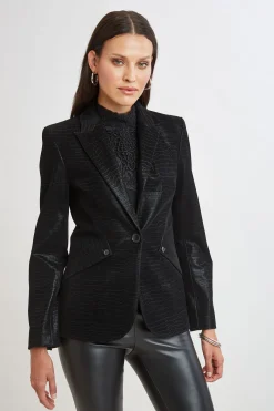Elie Tahari Croco Embossed Vegan Leather Panel Blazer- Jackets & Blazers|Suiting
