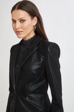 Elie Tahari Croco Embossed Vegan Leather Panel Blazer- Jackets & Blazers|Suiting
