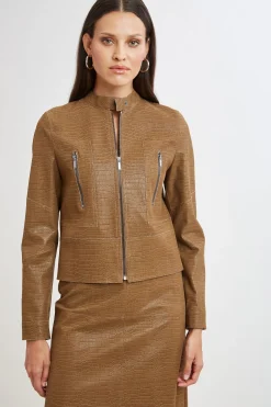 Elie Tahari Croco Embossed Vegan Leather Motto Jacket- Jackets & Blazers|Suiting