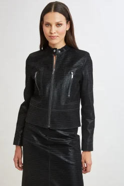 Elie Tahari Croco Embossed Vegan Leather Motto Jacket- Jackets & Blazers|Suiting