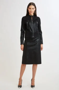 Elie Tahari Croco Embossed Vegan Leather Motto Jacket- Jackets & Blazers|Suiting