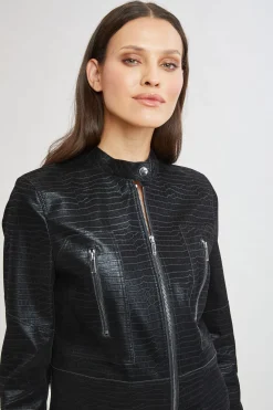 Elie Tahari Croco Embossed Vegan Leather Motto Jacket- Jackets & Blazers|Suiting