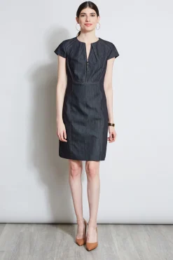 Elie Tahari Denim Fit & Flare Zip Dress- Dresses & Jumpsuits|Short Sleeve Dresses