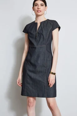 Elie Tahari Denim Fit & Flare Zip Dress- Dresses & Jumpsuits|Short Sleeve Dresses