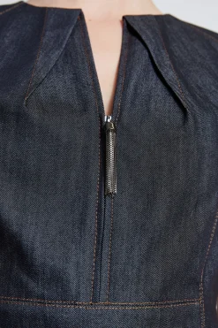 Elie Tahari Denim Fit & Flare Zip Dress- Dresses & Jumpsuits|Short Sleeve Dresses