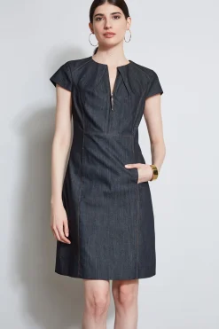 Elie Tahari Denim Fit & Flare Zip Dress- Dresses & Jumpsuits|Short Sleeve Dresses