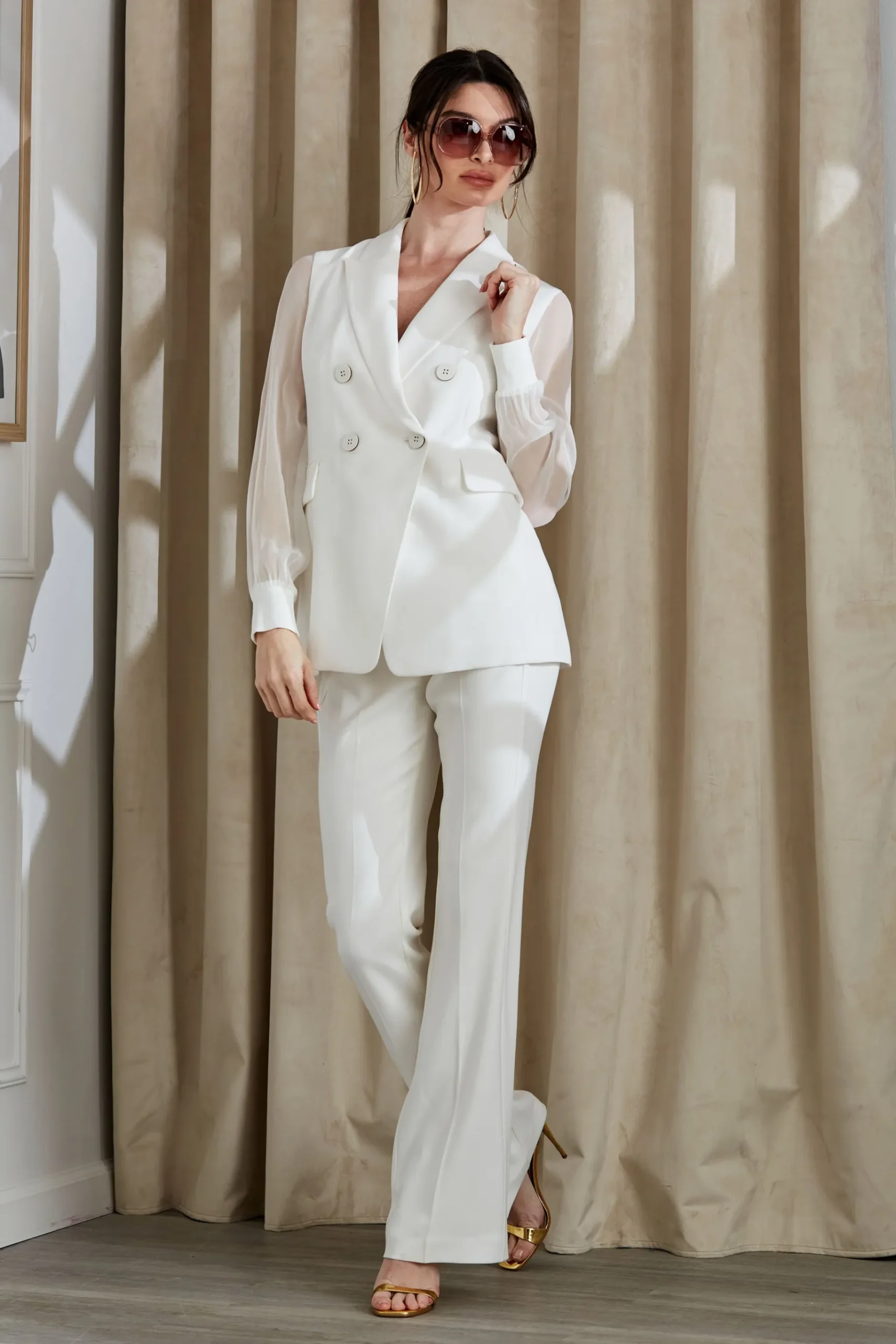 Elie Tahari Double Breasted Chiffon Sleeve Blazer- Jackets & Blazers