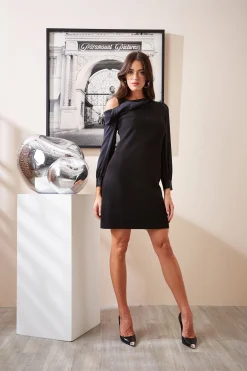 Elie Tahari Draped Satin Shoulder Dress- Dresses & Jumpsuits|Long Sleeve Dresses