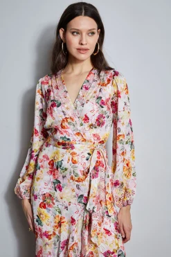 Elie Tahari Embroidered Floral Wrap Dress- Dresses & Jumpsuits|Long Sleeve Dresses