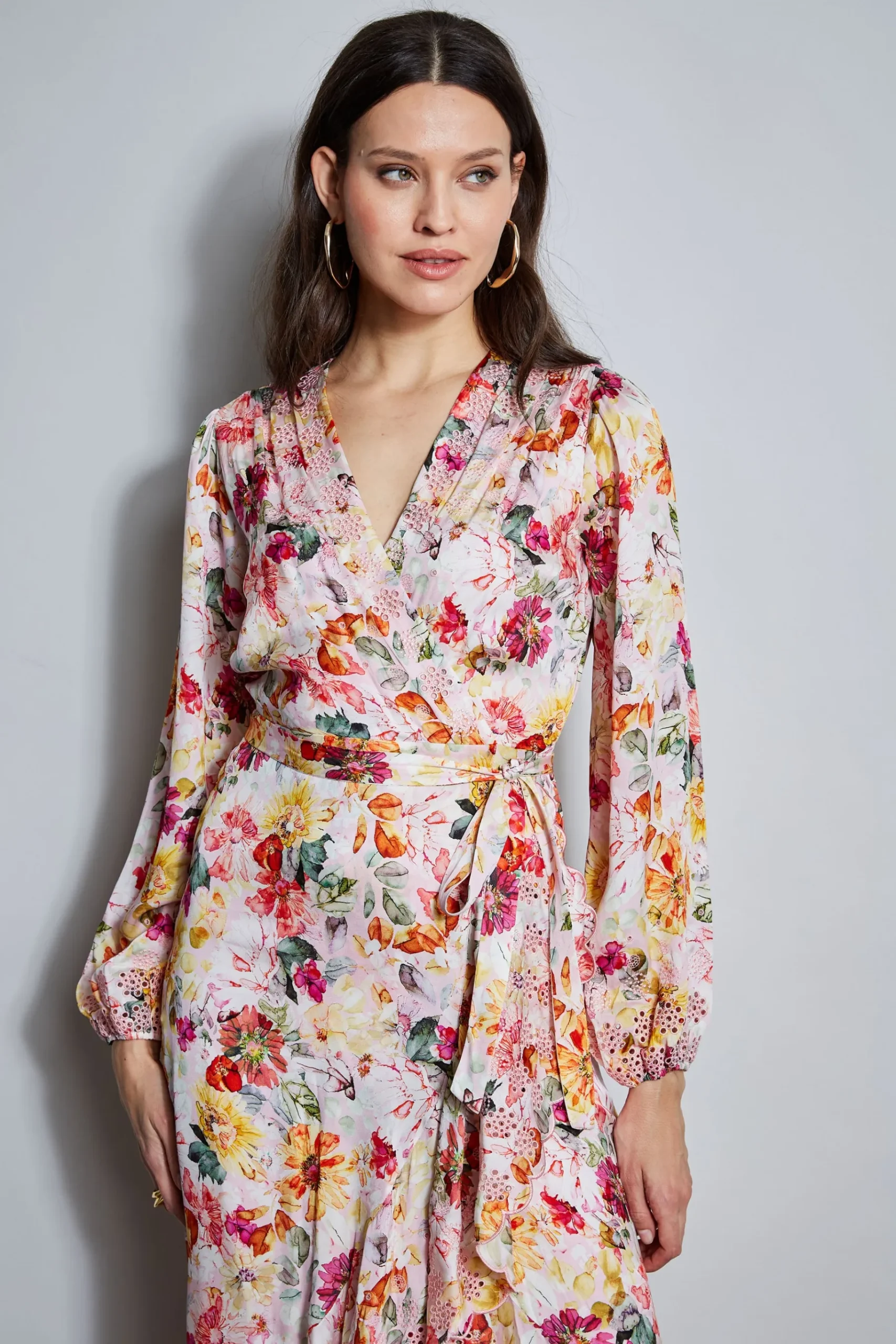 Elie Tahari Embroidered Floral Wrap Dress- Dresses & Jumpsuits|Long Sleeve Dresses