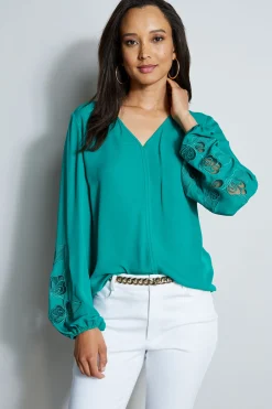 Elie Tahari Embroidered Long Sleeve Shirt- Tops & Sweaters