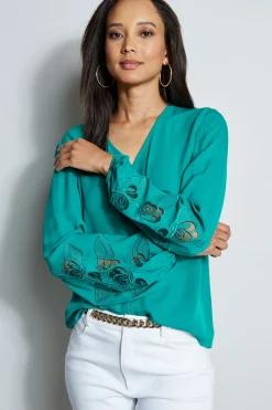 Elie Tahari Embroidered Long Sleeve Shirt- Tops & Sweaters